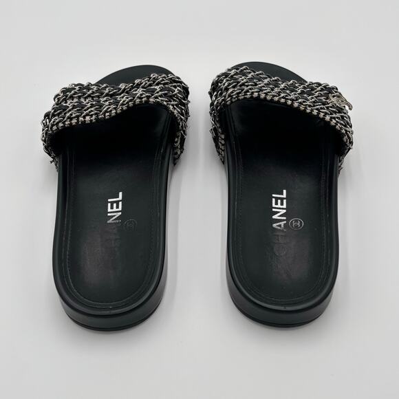Chanel CC Chain Slide Sandals Flat Canvas Slip On Shoes Black Tweed Size 38 - Picture 8 of 14